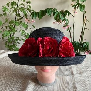 Elegant Black Hat with Red Velvet Floral Accents